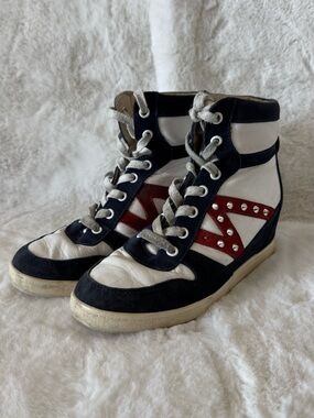 White, Black & Red High-Top Wedge Sneakers with Stud Accent